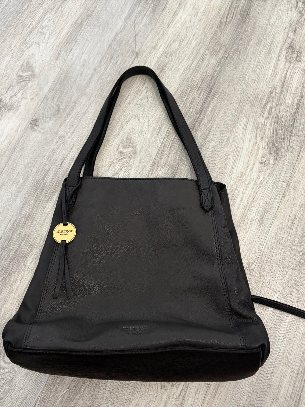 MARGOT NY Black Leather Bucket Tote Bag 3-Section  Purse Shoulder Bag Minimalist